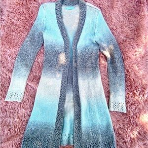 Maurice's long grey, white, & blue ombre sweater cardigan in size small.